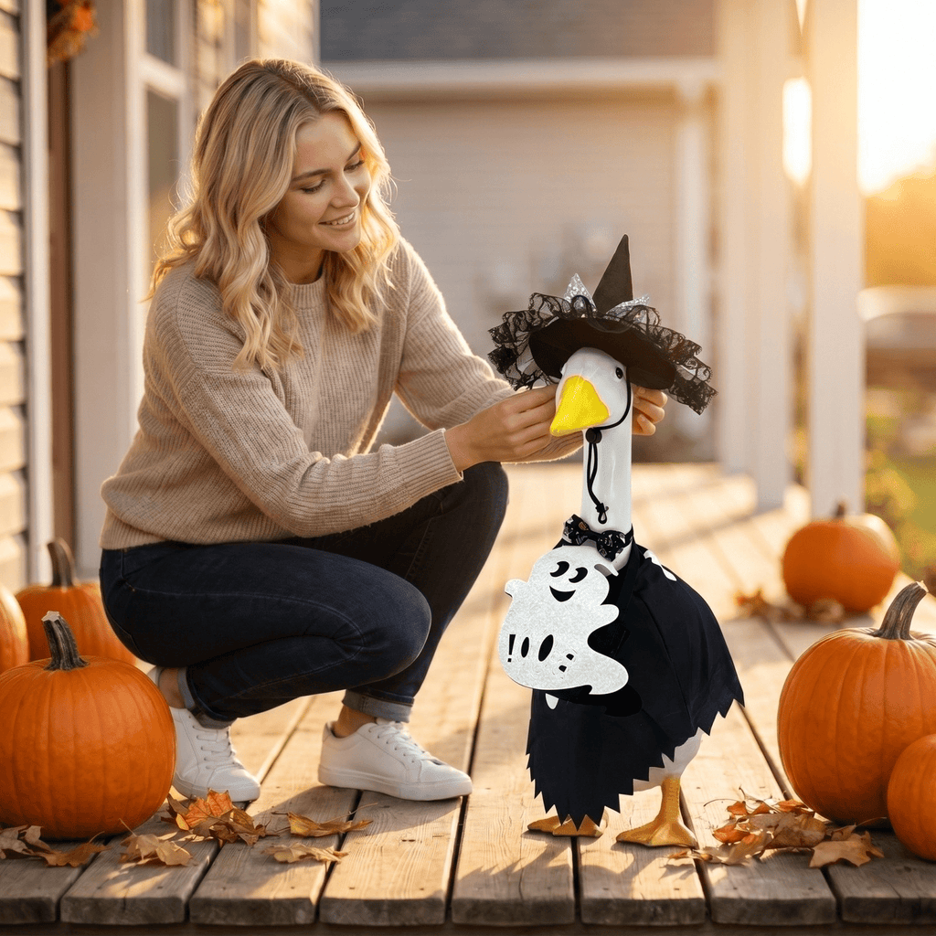 Halloween Garden Porch Decor, Porch Goose Outfits Halloween, 23 Inch Porch Goose Outfits, Witch Dress and Hat Set, Fits 23X11X26 Inch Standing Plush Goose for Front Porch Lawn