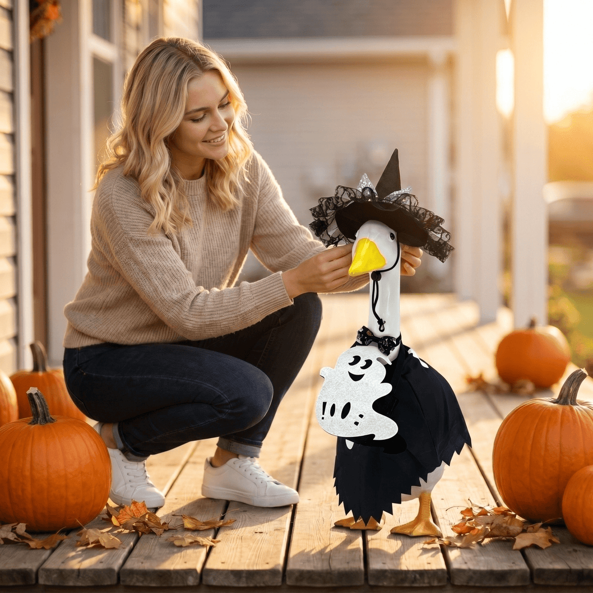 Halloween Garden Porch Decor, Porch Goose Outfits Halloween, 23 Inch Porch Goose Outfits, Witch Dress and Hat Set, Fits 23X11X26 Inch Standing Plush Goose for Front Porch Lawn
