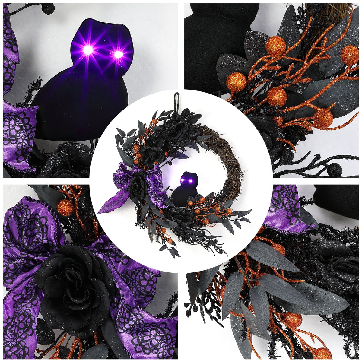 HELLONE Halloween Wreath with Lights, 20 Inch Front Door Halloween Wreath Decorations with Owl, Black Leaves, Roses, Bows for Halloween Home Porch Decor Indoor Outdoor