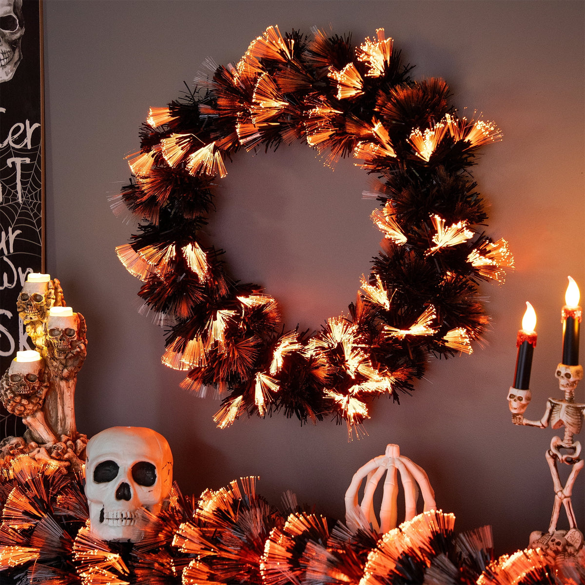 Multi-Function Fiber Optic Artificial Halloween Wreath - 24" - Black - Orange and Purple LED