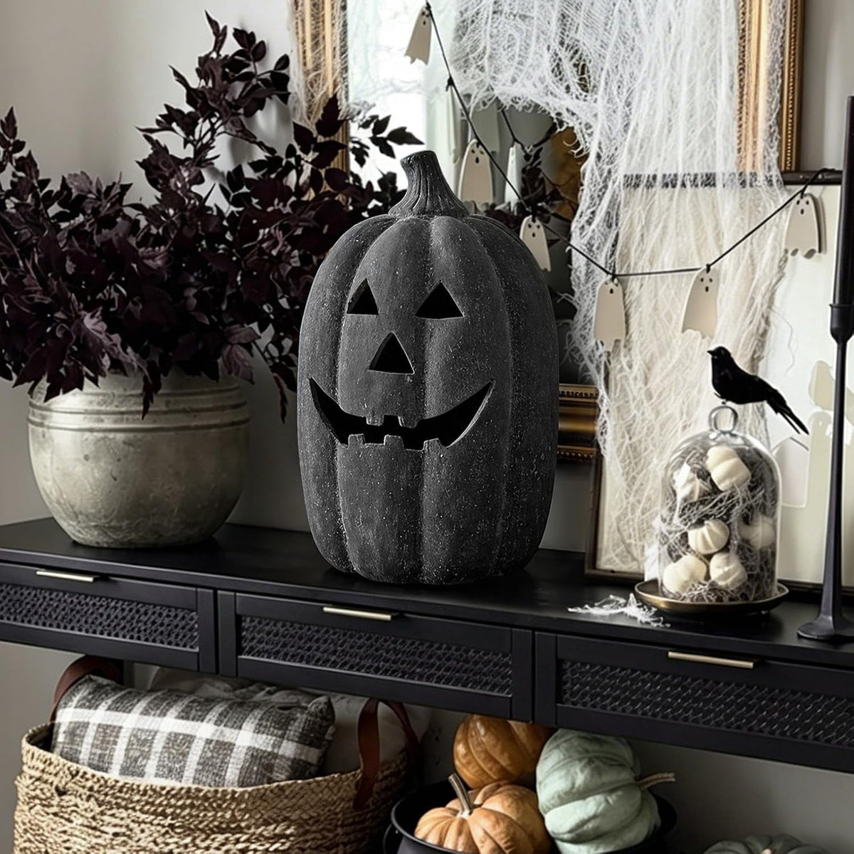 Halloween Decorations - 5.9" Black Handmade Resin Jack O Lantern Pumpkin Fall Decor, Indoor Outside Gothic Festival House Centerpiece Decoration for Table Garden Living Room Mantel