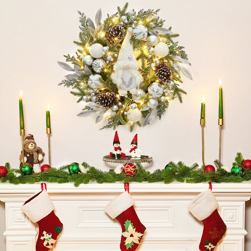 JoanKaren 24 inch Large Christmas Wreath Silver White with 20 LED Lights,Prelit Xmas Wreath w/ Ball Ornaments Pine Cone