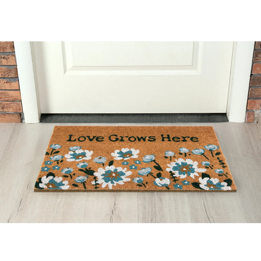 Lypsnake Natural Coco Coir Doormat - "Love Grows Here" Printed with Delicate Floral Pattern, Non-slip Absorbent Entry Mat for Home Entrance Porch Patio and Outdoor Decoration