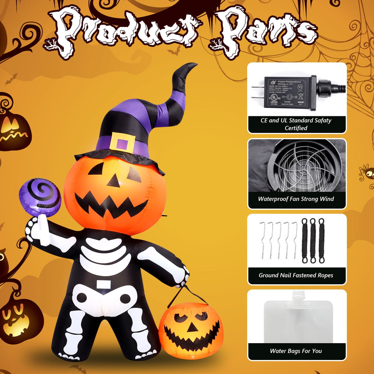 Halloween Inflatables Outdoor, 8FT Long Cute & Lighted Blow Up Decoration Pumpkin Family with Witch Hat, Large Halloween Inflatables Decorations with Lights for Yard, Holiday, Home