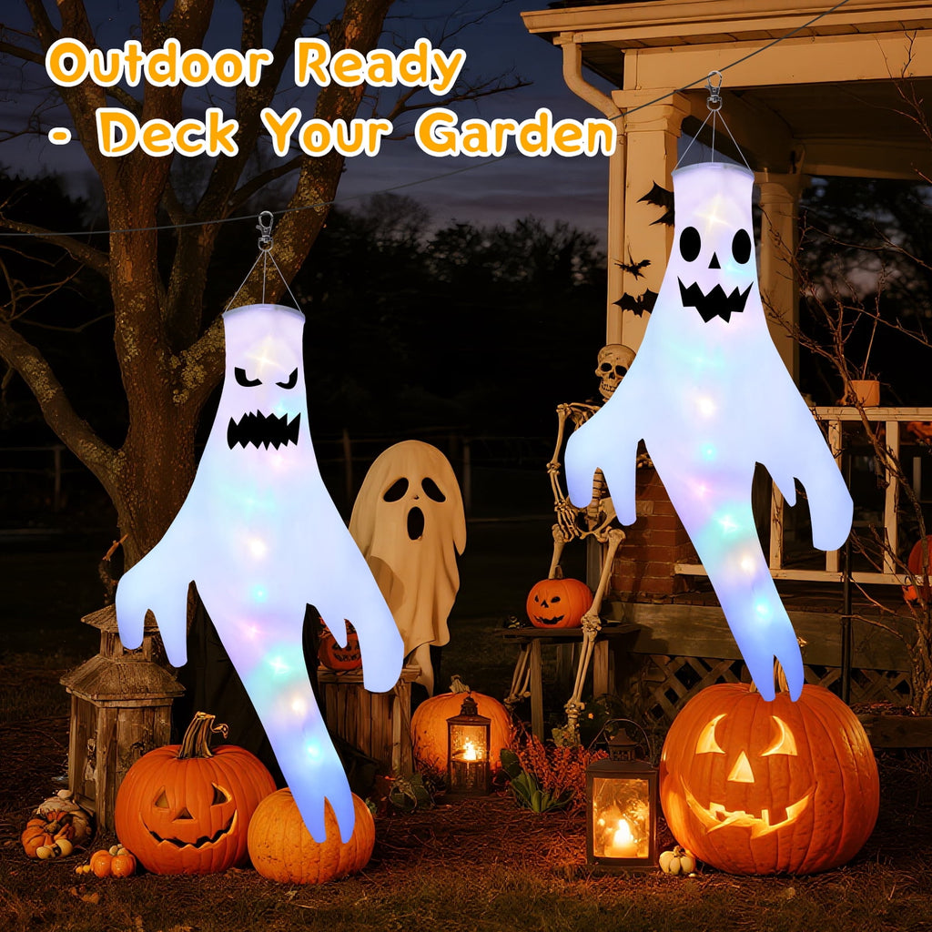 Qoosea 2 pack Hanging Ghosts Halloween Decor 4.26ft Large Glowing LED Ghost Lights Windsock Halloween Decorations Outdoor Indoor, 3 Lighting Modes