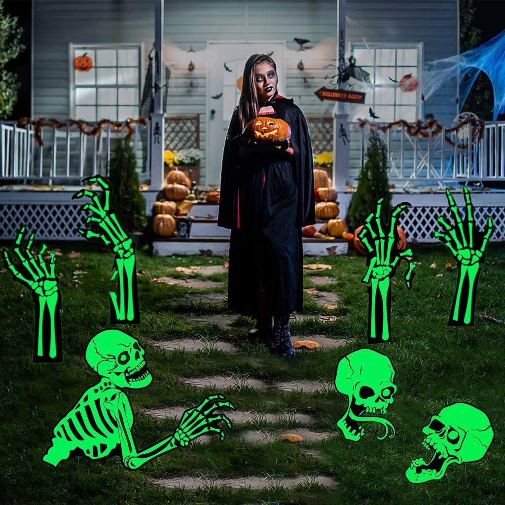 GuassLee 5pcs Glow in the Dark Skeleton Black Cat Silhouette Lawn Signs with Stakes for Halloween Lawn Garden Front Yard Decorations Outside