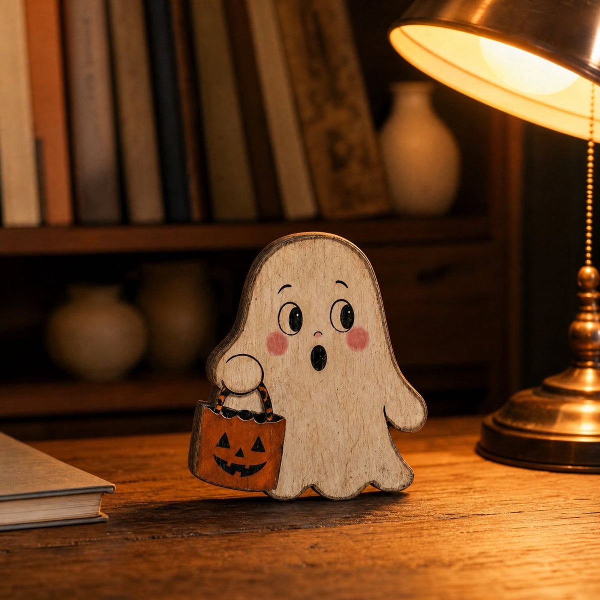 SLYNSHome Vintage Wooden Ghost Tabletop Figurine, Ghost With Pumpkin Bucket Decor, Farmhouse Shelf Mantel Ornament For Halloween Indoor Home Holiday Party Atmosphere Decoration