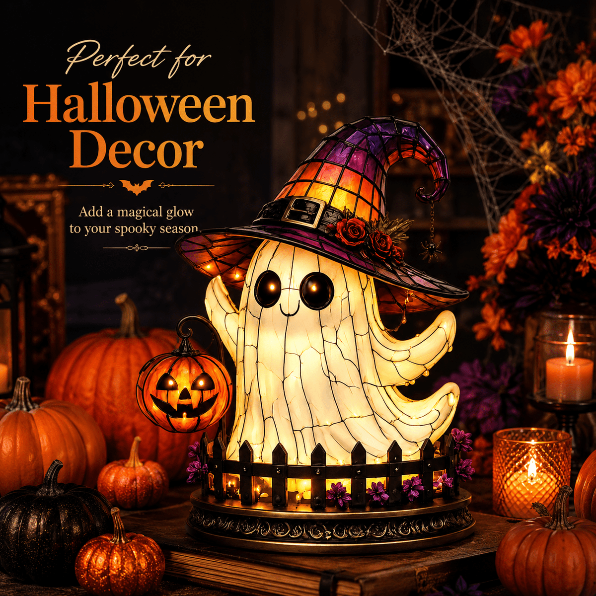 Diceymbol 11.81 Inch Halloween Ghost Night Light, Witch Hat Ghost Lamp with Jack O Lantern, Halloween Decorations Indoor for Table Mantel Party Decor