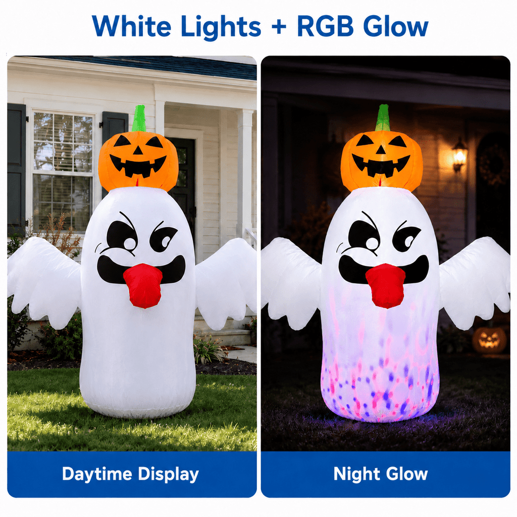 BEEPRINCESS 6 FT Halloween Inflatable Ghost with Pumpkin Head, Light-Up RGB LED Blow Up Yard Decoration