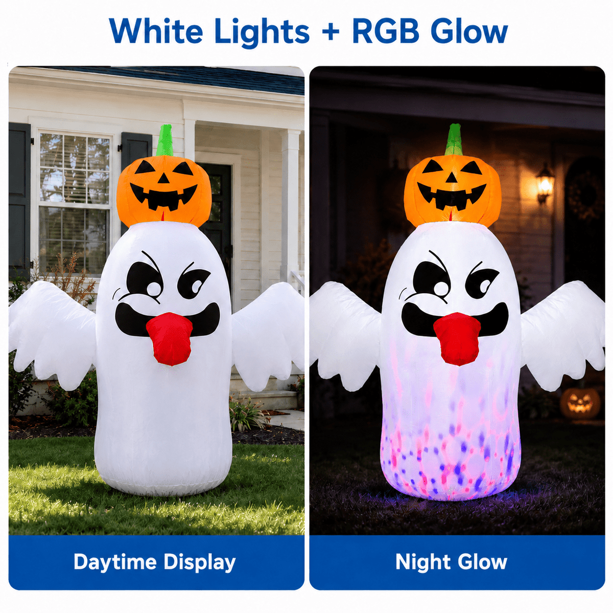 BEEPRINCESS 6 FT Halloween Inflatable Ghost with Pumpkin Head, Light-Up RGB LED Blow Up Yard Decoration