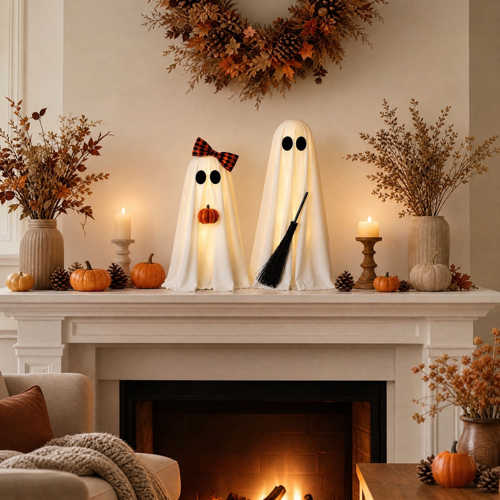 Lighted Halloween Ghost Candy Bowl, Cute LED Ghost Holding Pumpkin Candy Bucket for Trick or Treat, Outdoor Halloween Decorations for Front Porch, Indoor Yard Patio Halloween Decor