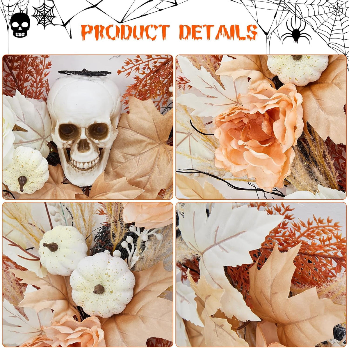 HELLONE 22 Inch Halloween Wreath for Front Door, Halloween Skull Wreath with Lights White Pumpkins Roses, Halloween Decorations Fall Maple Leaves Wreath for Porch Window Indoor Outdoor Decor