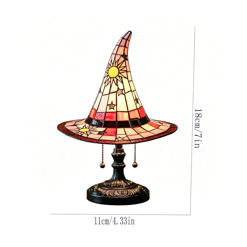 Stained Glass Witch hat lamp, 7" Halloween Gothic Mystic Room Decor Handcrafted Ceramic Phantom Figurine, USB Rechargeable LED Glowing Lantern for Bedroom Living Room Mantel Home Decor