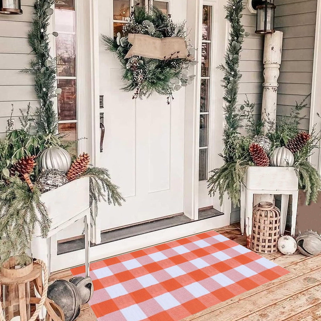 Summercome Buffalo Check Rug, Fall Outdoor Orange and White Buffalo Plaid Rug, Washable Hand-Woven Outdoor Checkered Rugs, Layered Door Mats for Kitchen Farmhous Entryway, Halloween Christmas Decorati