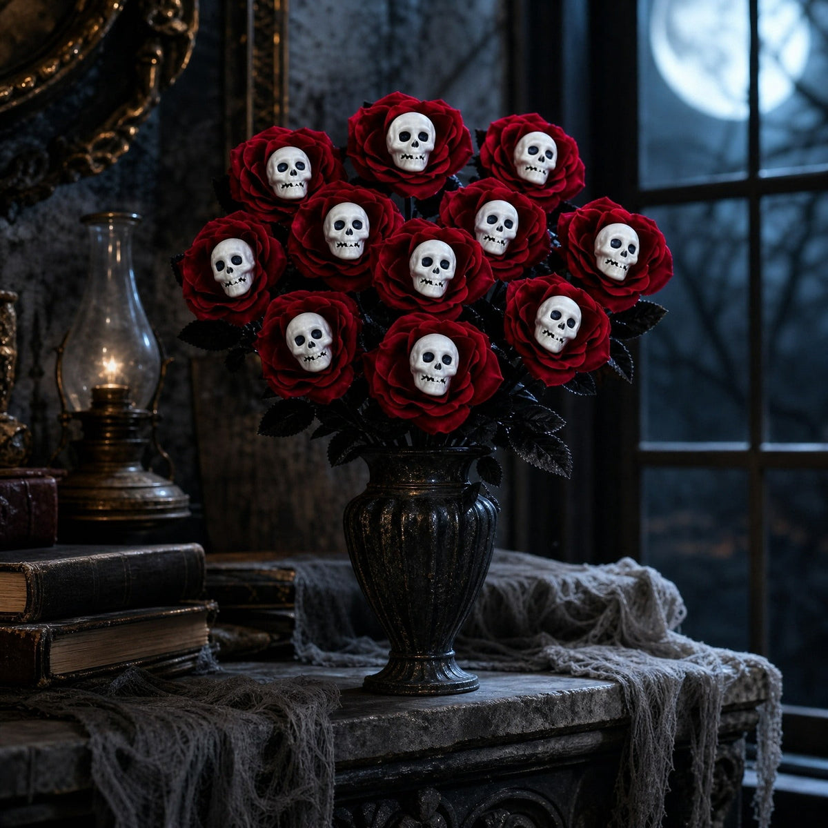 Halloween Artificial Rose Flower with Skull Head, Fake Silk Rose Bouquet, Red or Black Roses with Mini Skull