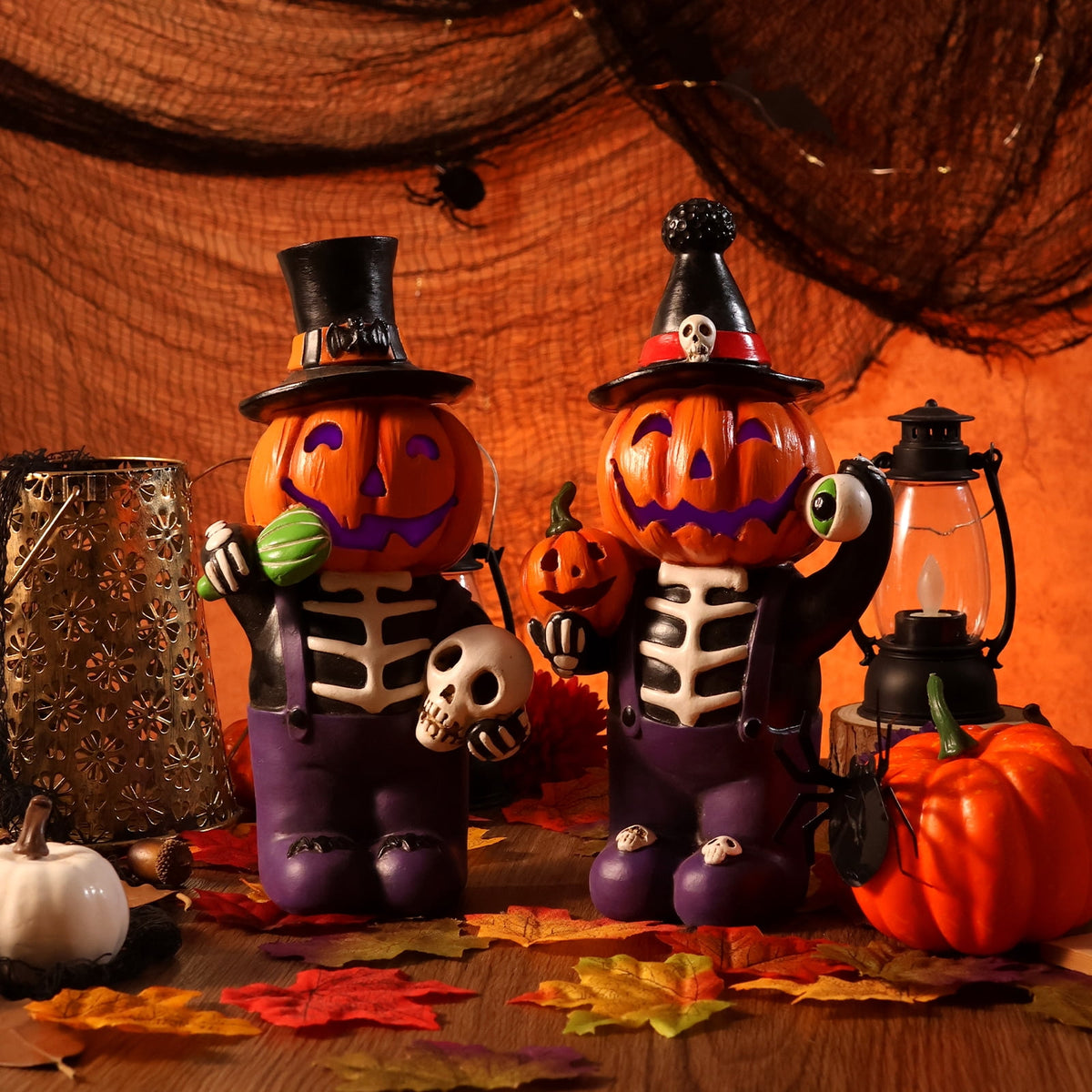 Ayieyill 2pcs Halloween Cat and Skeleton Figurines Vintage Halloween Black Cat Decor Halloween Table Decorations