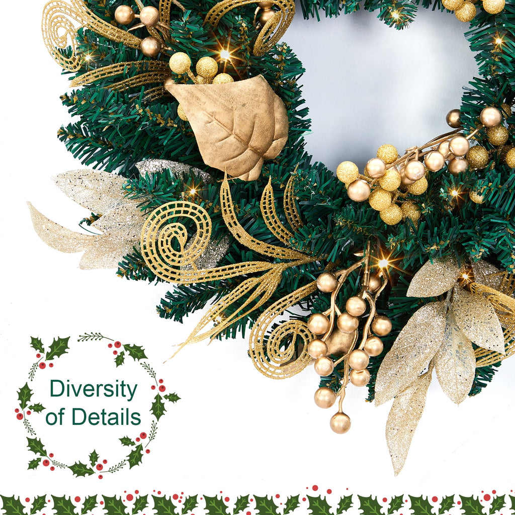 JoanKaren 24 inch Large Christmas Wreath Silver White with 20 LED Lights,Prelit Xmas Wreath w/ Ball Ornaments Pine Cone