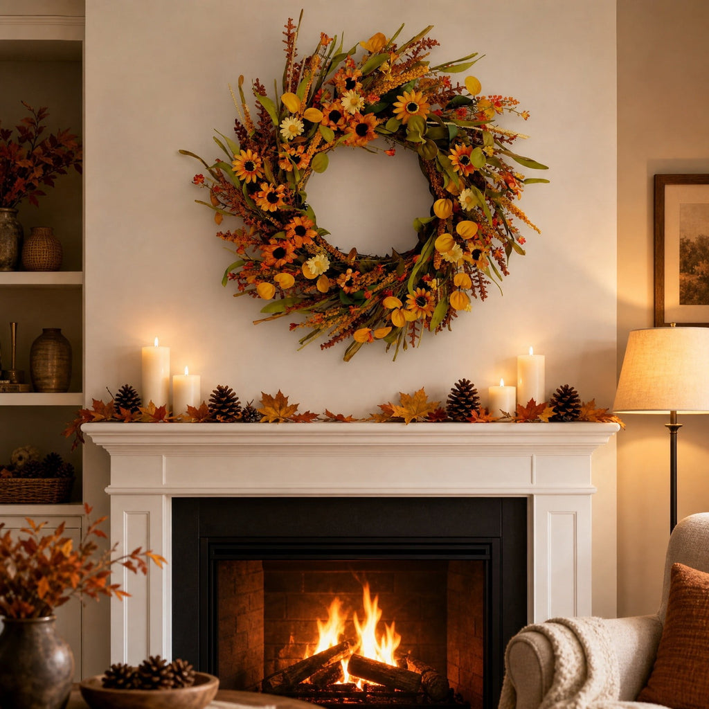 Winter Poetry Upgrade Fall Sunflower Dried Grass Wreath, Harvest Front Door Hanging Garland, Rattan Base Artificial Wreath for Halloween Thanksgiving Window Wall Decor, 17.71x17.71x3.54in