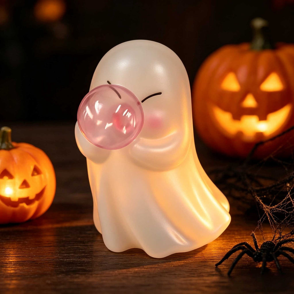 Halloween Ghost Figurine, Ghost Girl with Pink Bow & Hot Drink, Funny Ghost Statue Halloween Decor for Gift, Cute Spooky Tabletop Ornament for Home, Mantle, Desk & Party Decoration