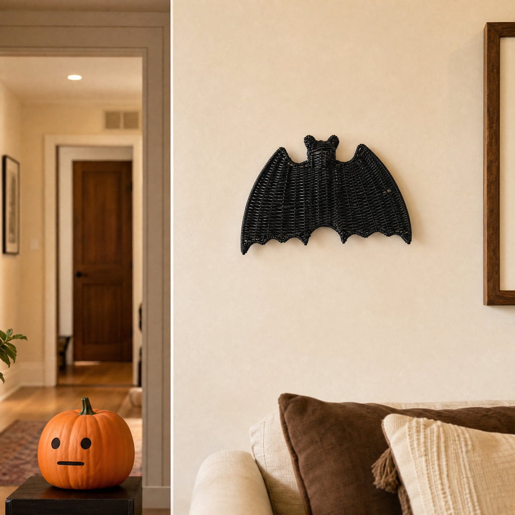 Black Rattan Wall Decoration, Halloween Wicker Bat Art, Indoor and Outdoor Festive Decor, Durable Plastic Material