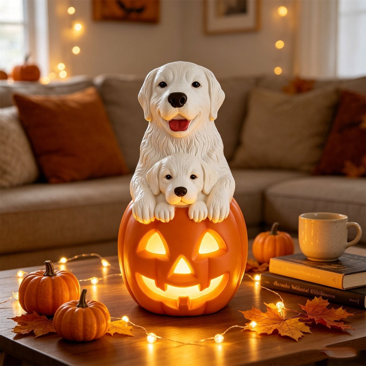 Clearance! Halloween Light‑Up Dog Figurine, 7.9in Scarecrow Dog Statue with Glowing Pumpkin, Waterproof Resin Table Yard Decor