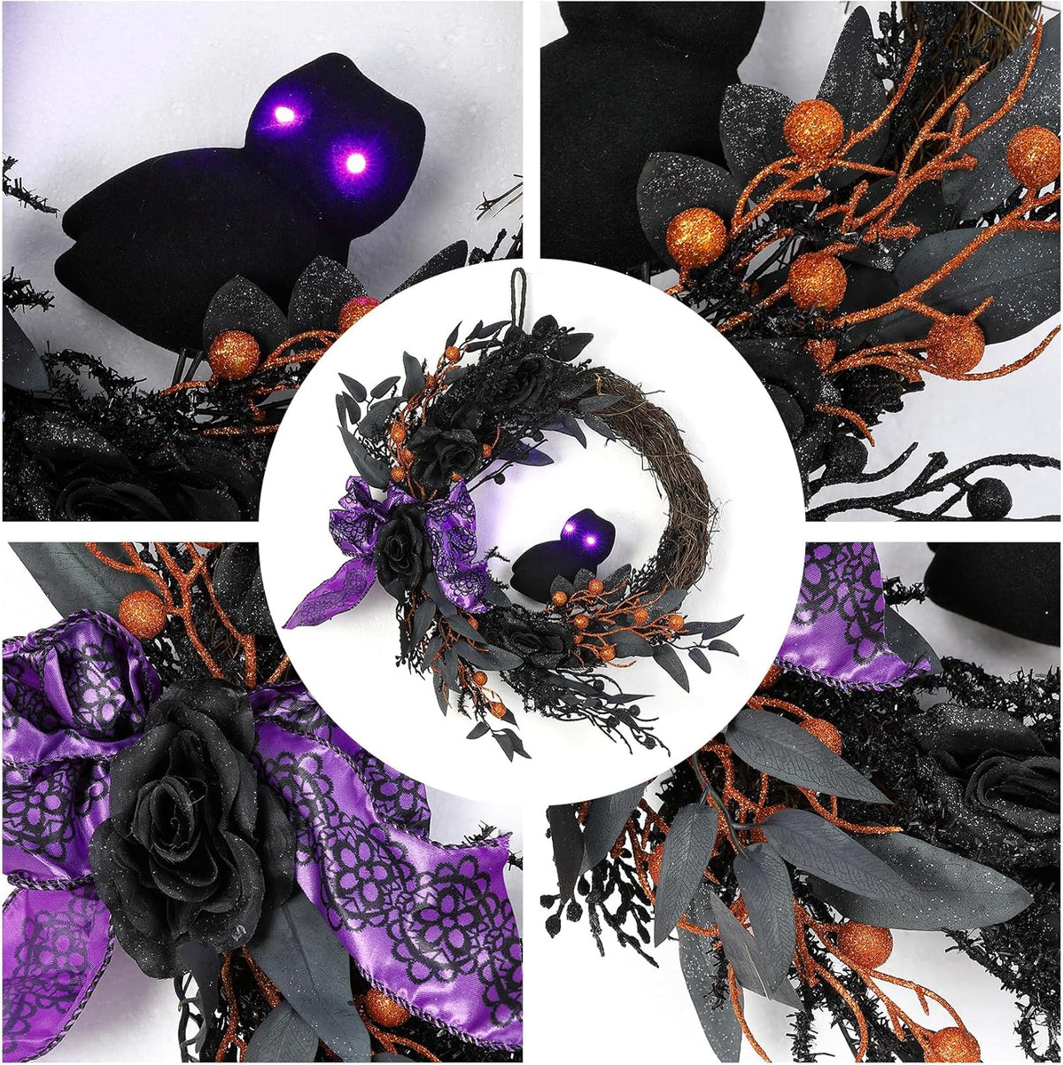 Lumiparty 20" Prelit Halloween Wreath for Front Door, with Purple Lights, Spooky Door Wreath with Ribbon Rose Berries Hanging Decor for Front Door Home Party Outside Decoration, Purple
