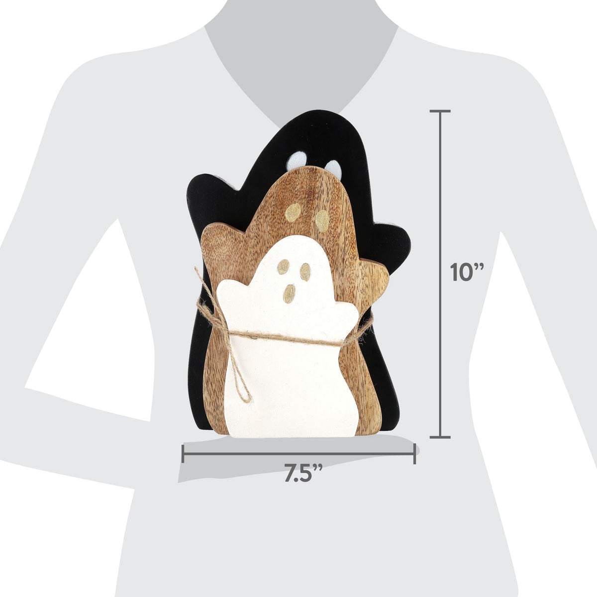 Wooden Ghost Decoration Set, Black/Natural/White, 3 Pieces, Halloween by Way To Celebrate