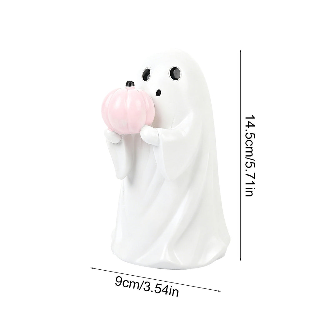 Halloween Ghost Figurine, Ghost Girl with Pink Bow & Hot Drink, Funny Ghost Statue Halloween Decor for Gift, Cute Spooky Tabletop Ornament for Home, Mantle, Desk & Party Decoration