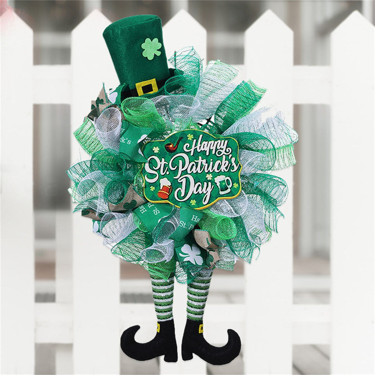 Overstock Outlet St. Patrick’S Day Leprechaun Wreath & Ribbon, Front Door Decor for St. Patrick’S Day, Irish Holiday Wreath, Wall Decoration for St. Patrick’S Day Festivities