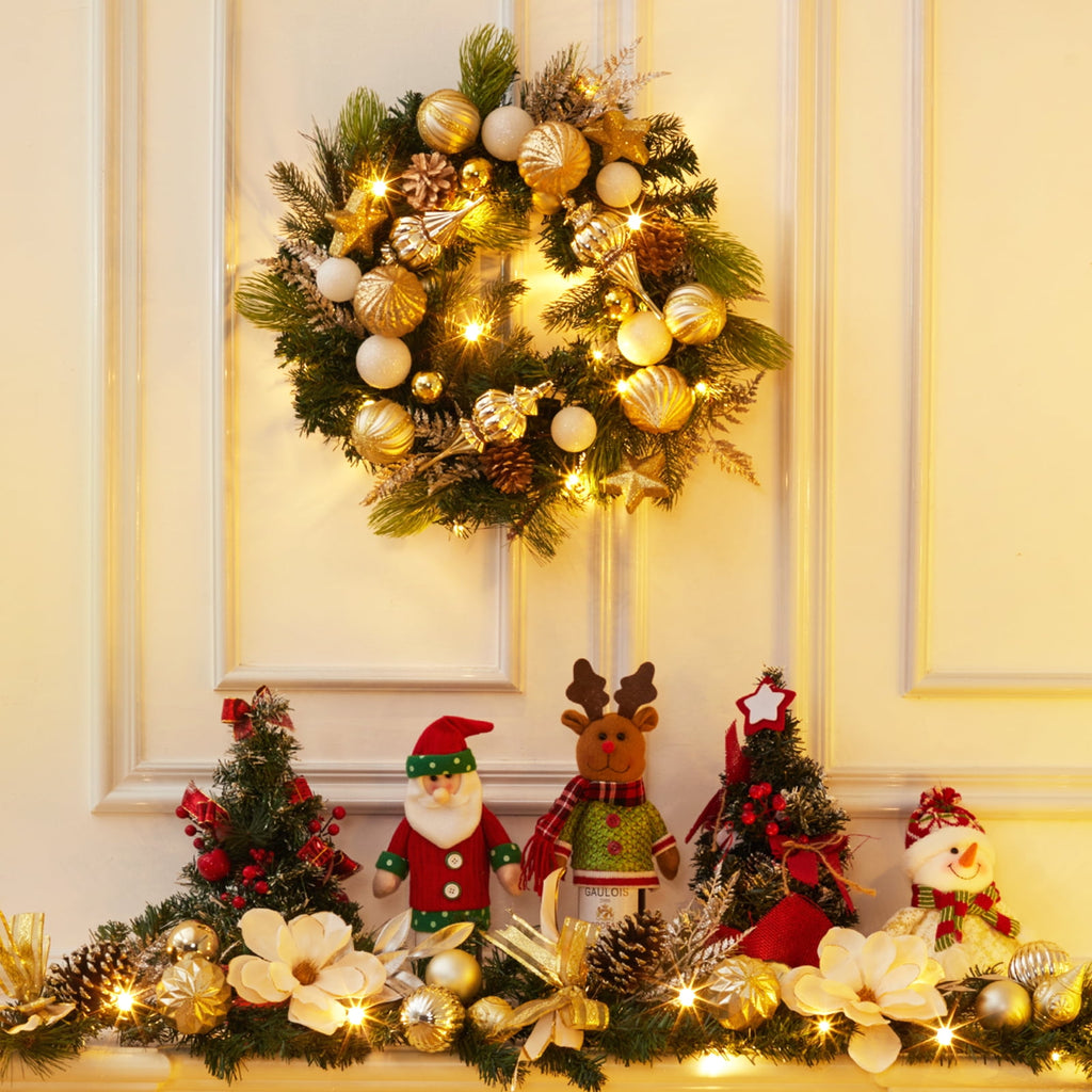JoanKaren 24 inch Large Christmas Wreath Silver White with 20 LED Lights,Prelit Xmas Wreath w/ Ball Ornaments Pine Cone