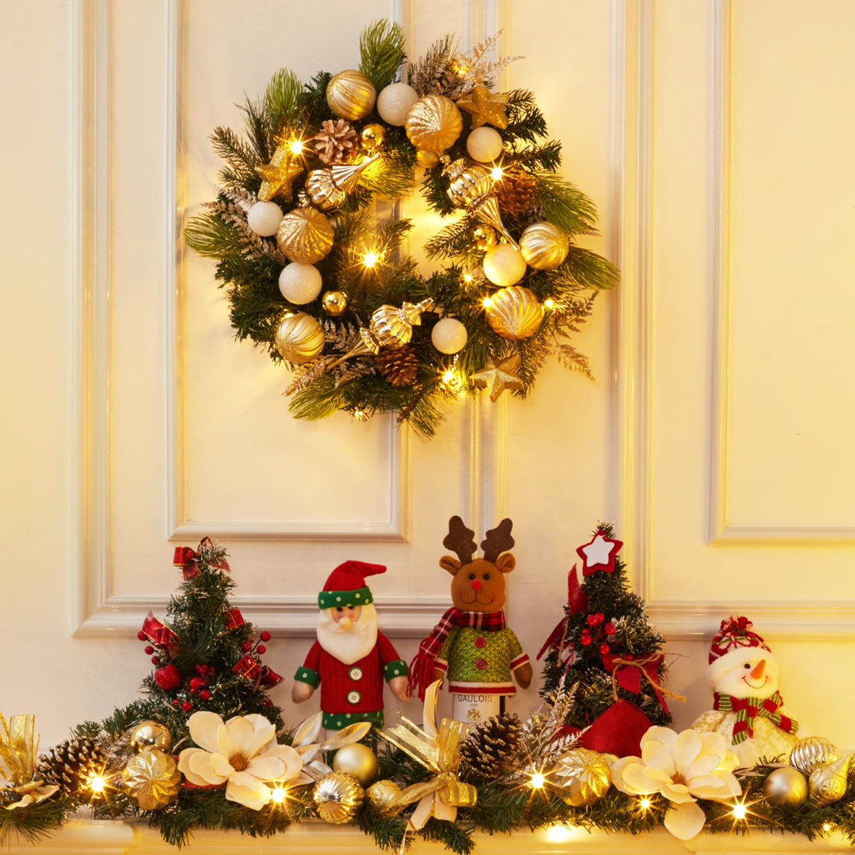 JoanKaren 24 inch Large Christmas Wreath Silver White with 20 LED Lights,Prelit Xmas Wreath w/ Ball Ornaments Pine Cone