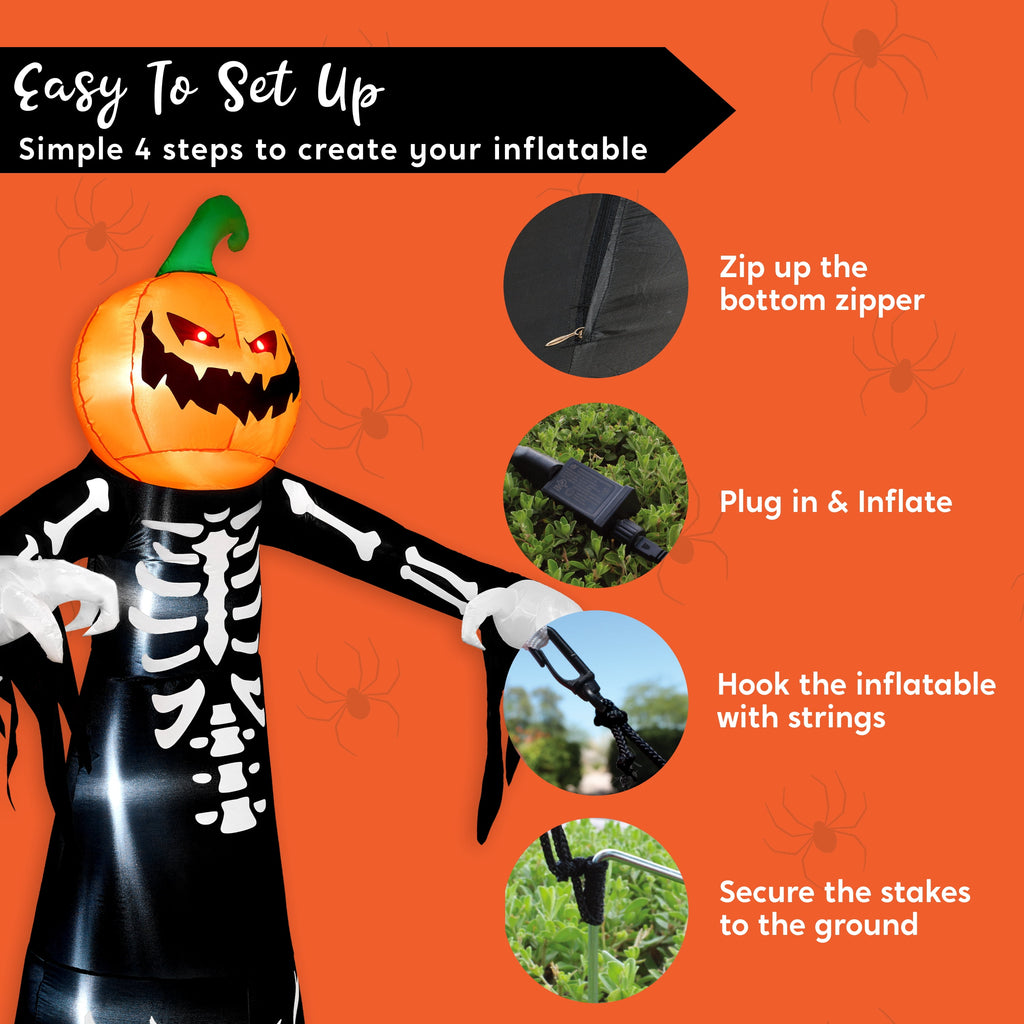 Joyfy 9 ft Halloween Inflatables Pumpkin Skeleton Decorations with Built-in LED Lights,Large Blow Up Decoration for Yard Lawn Garden Indoor Outdoor, Pumpkin Skeleton Inflatable Decoration
