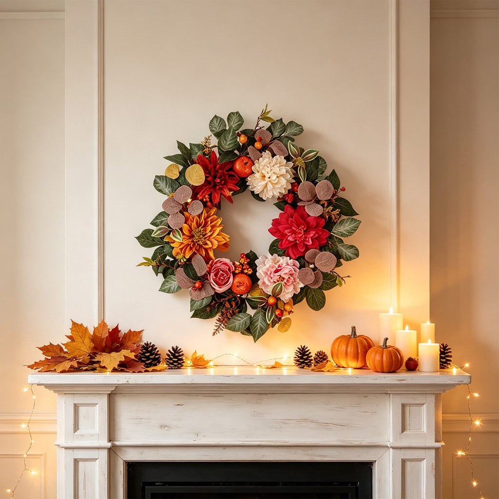 ICQOVD Halloween Pumpkin Maple Leaf Wreath with Skeleton Ornament Orange Black Bow Front Door Hanging Fall Home Decoration 15.75*15.75*3.15IN