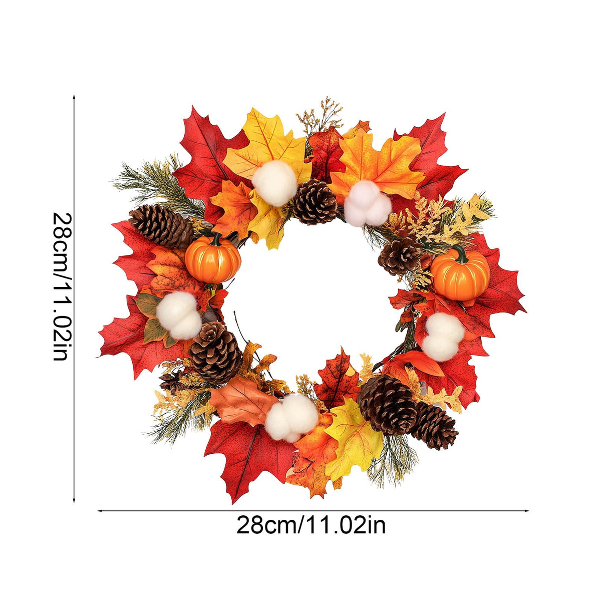 Halloween Wreath Pumpkin Ring with Berries, Maple Leaves & Pine Cones - Thanksgiving Indoor/Outdoor Wall & Door Hanging Decoration, 28cm