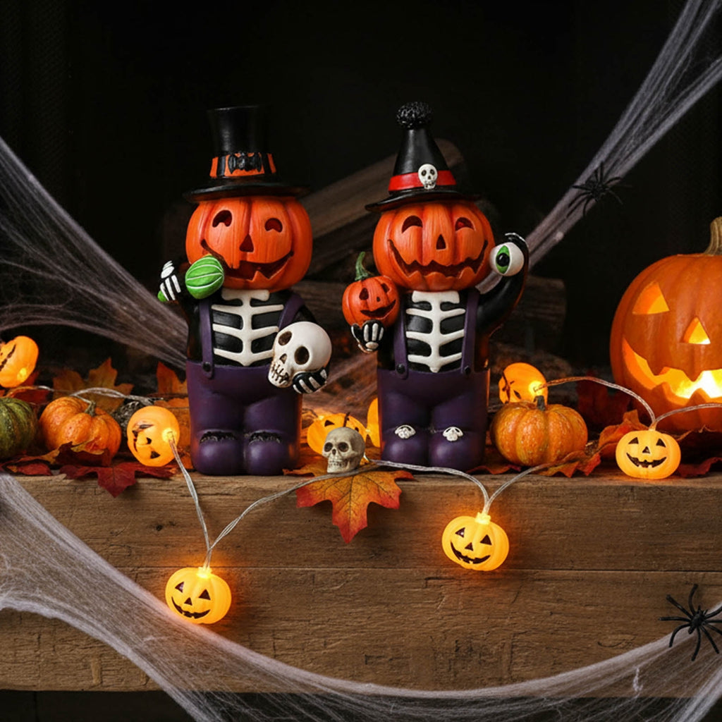Ayieyill 2pcs Halloween Cat and Skeleton Figurines Vintage Halloween Black Cat Decor Halloween Table Decorations