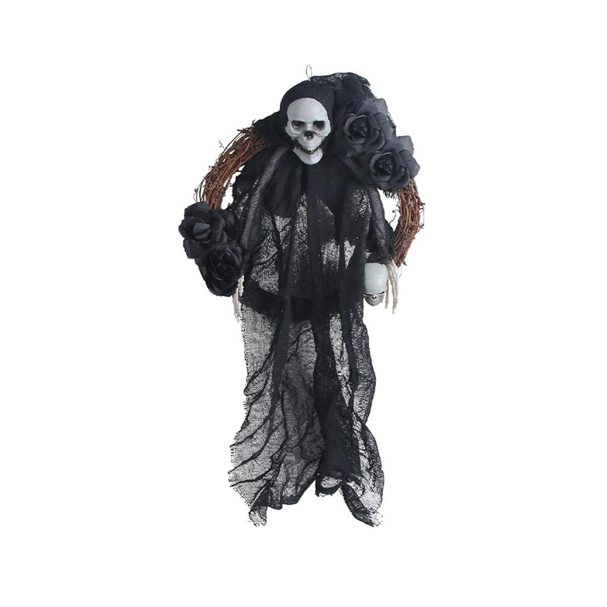 Halloween Ghost Decor Halloween Wreath for Front Door Spooky Gothic Halloween Rattan Wreath with Skull Rose Halloween Skeleton Decoration for Indoor Outdoor Porch Wall Home Decor