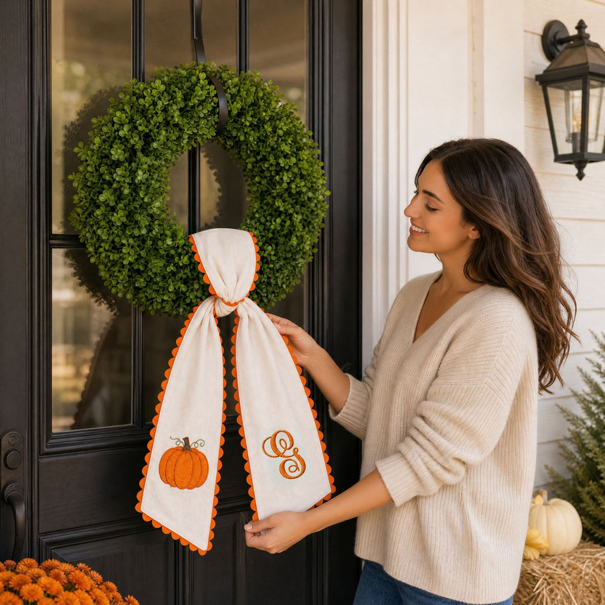 erdimoy Fall Pumpkin Monogram Wreath Sash, 50 Inch Embroidered Wreath Ribbon with Pom Pom Trim, Autumn Harvest Front Door Wreath Decor for Thanksgiving Halloween