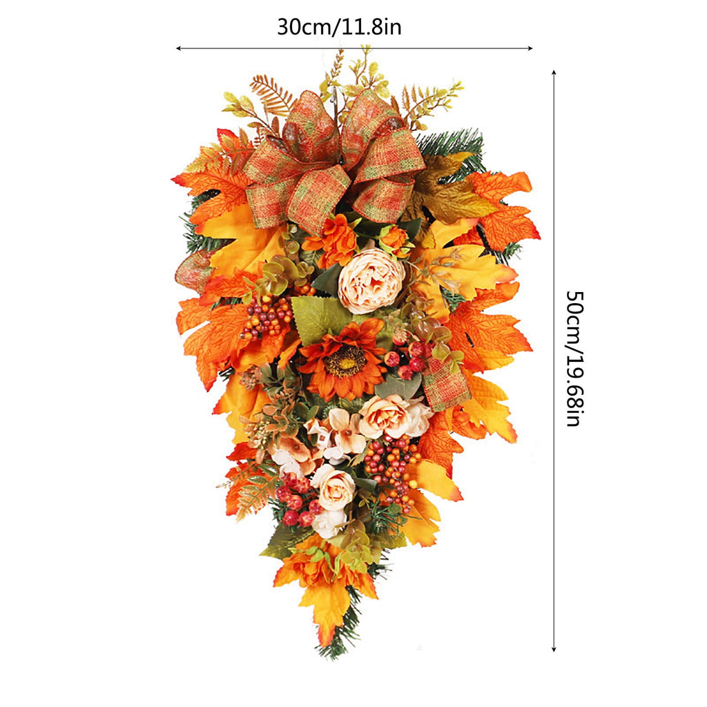 Artificial Fall Harvest Teardrop Swag for Front Door Thanksgiving Teardrop Wreath with Maple Leaves Berry Autumn Floral Swag for Home Wall(No Light,19.7Inch )