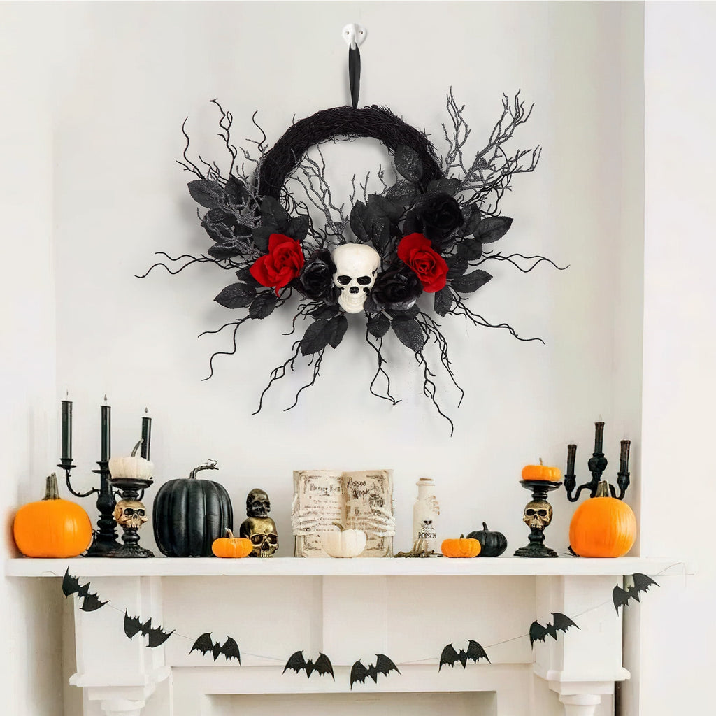 Adeeing Halloween Wreath 20 Inch Artificial Halloween Skull Wreath Decoration with Roses, Branches for Front Door Home Door Wall