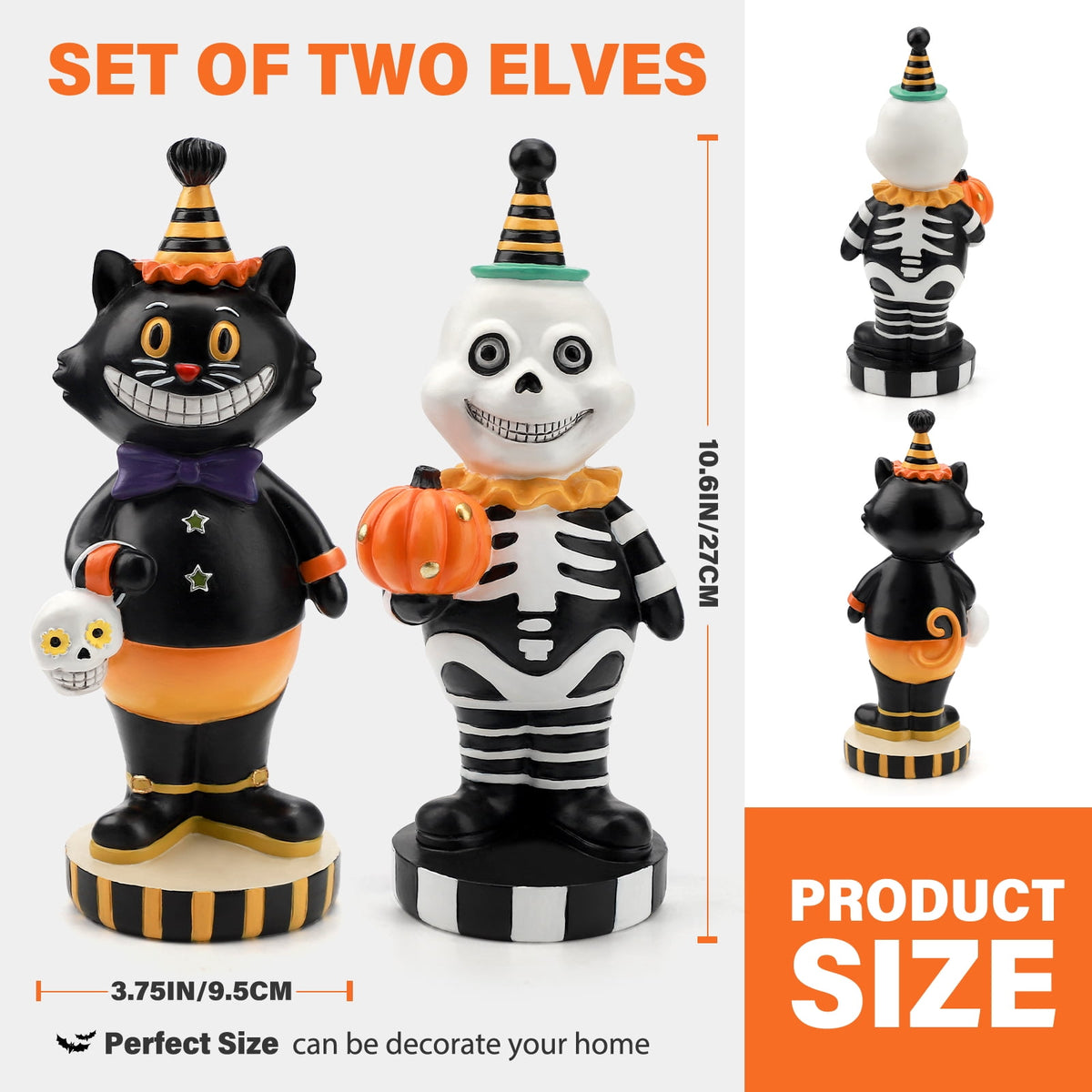 Ayieyill 2pcs Halloween Cat and Skeleton Figurines Vintage Halloween Black Cat Decor Halloween Table Decorations