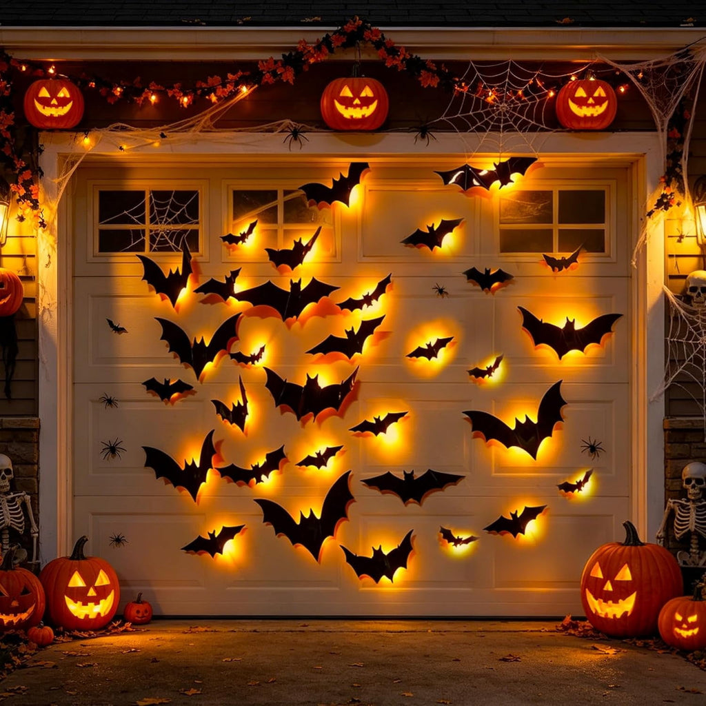 CQHVKQ 36 PCS Halloween Bats Decorations, Realistic 3D LED Bats Wall Stickers Decor, Assorted Size Removable Lighted PVC Bats DIY Wall Sticker for Halloween Party, Bedroom, Home, Indoor and Outdoor