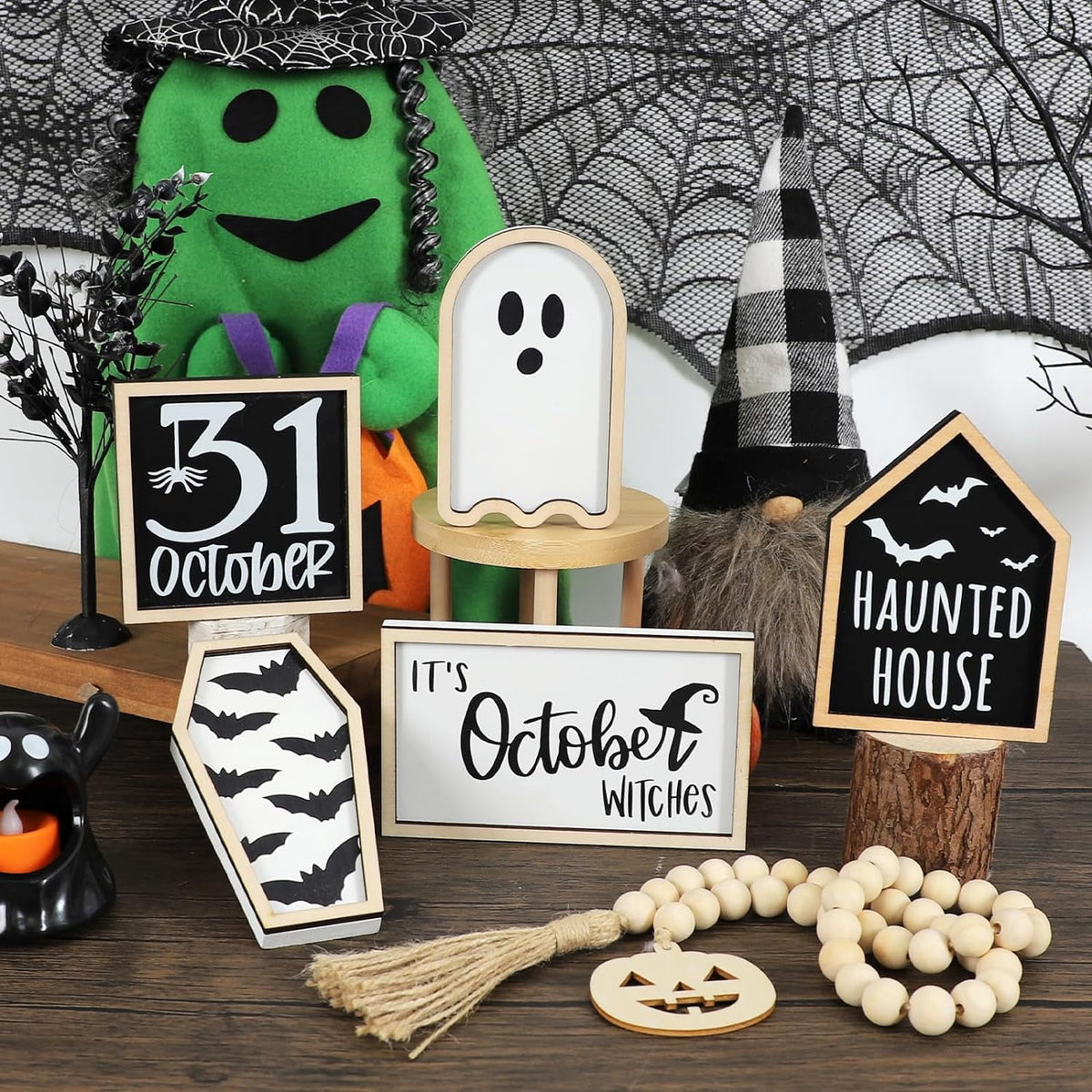 6-Piece Halloween Decor, Cute Wooden Halloween Decoration Indoor Tabletop Signs Farmhouse Rustic Tiered Tray Decor Halloween Party Decorations