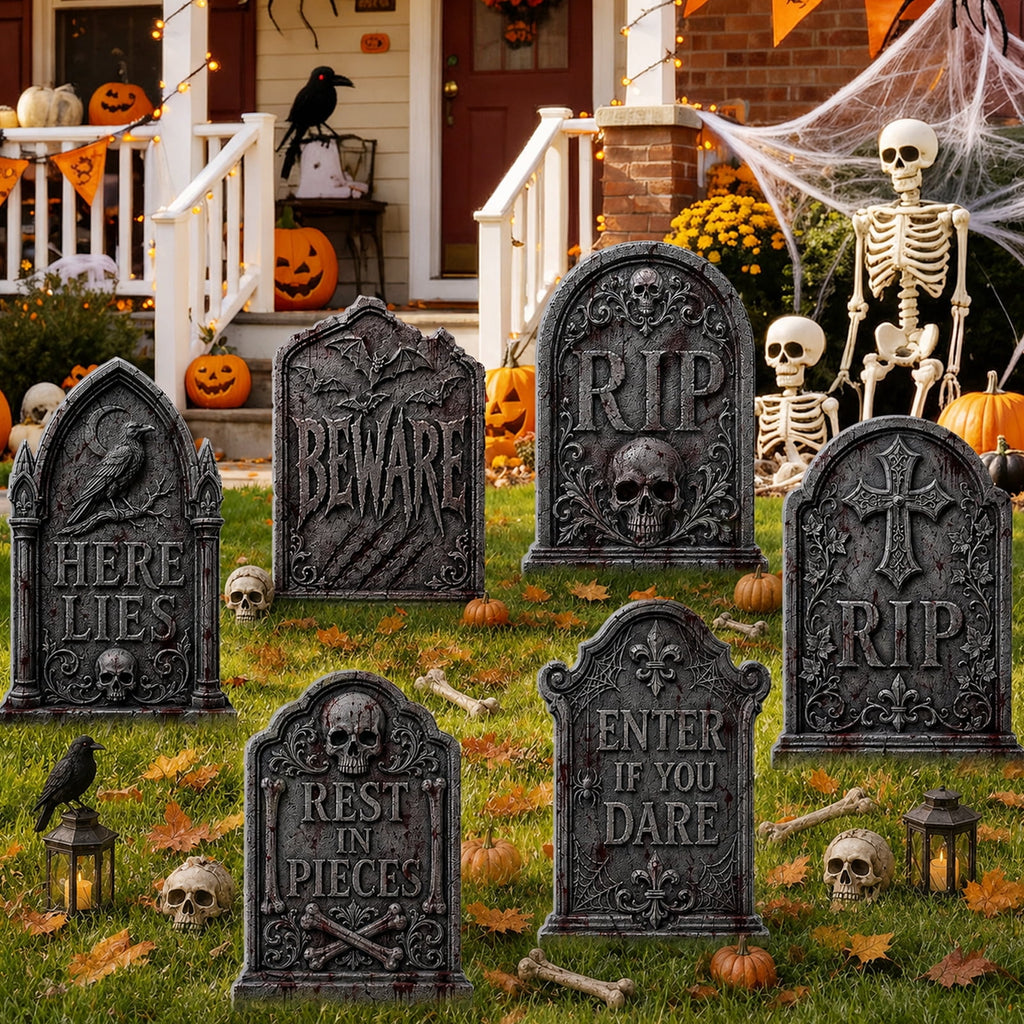 Yalumo Halloween Tombstones Decor, 6 Pack 17 Inch Plastic Halloween Gravestone Yard Signs with Stakes, Spooky Tombstones for Yard, Lawn, Porch & Outdoor Party Decor