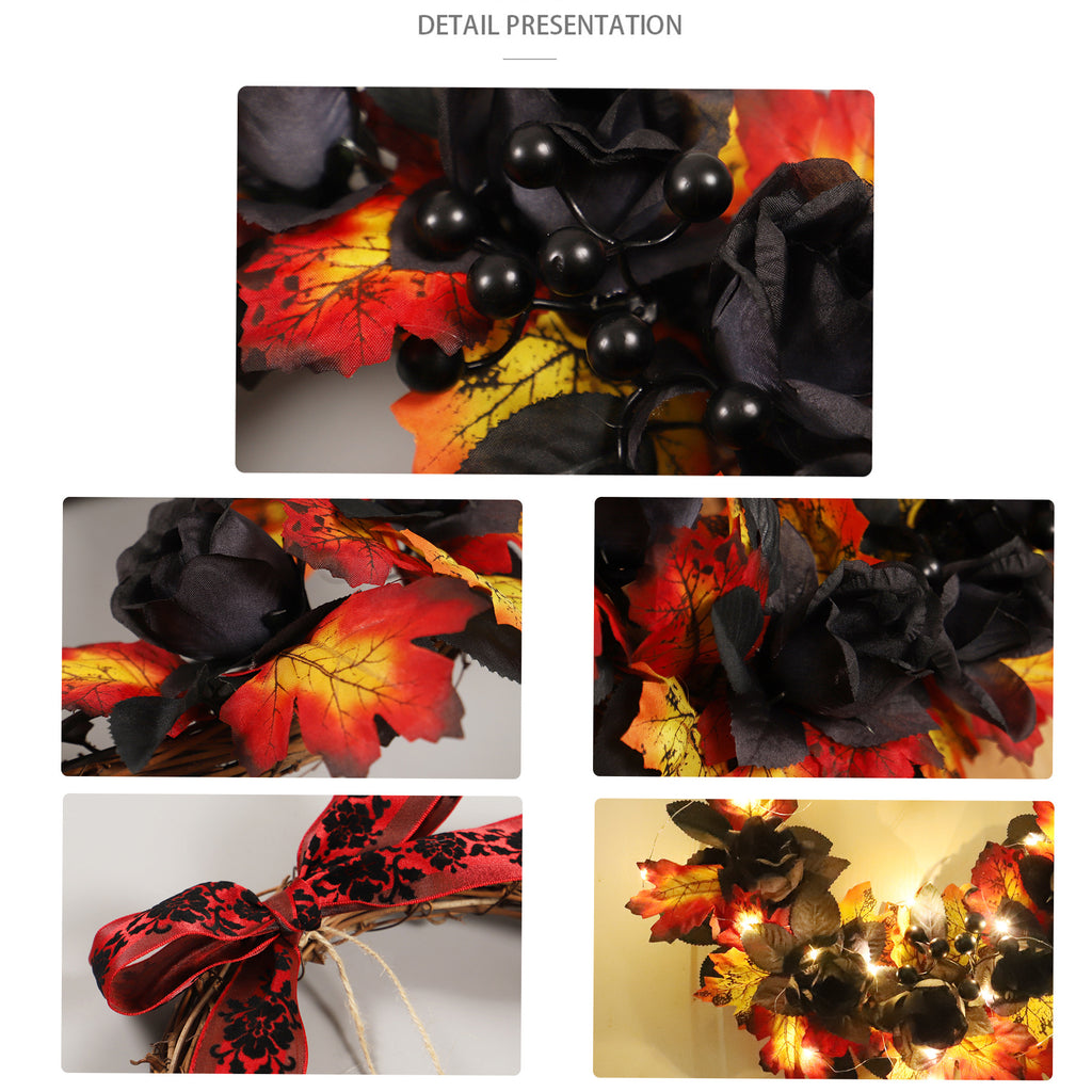 Halloween Wreaths for Front Door,16 inch Black Rose Halloween Wreaths with Lights Berry Maple Leaf Small Bell,Scary Halloween Home Decoration for Indoor,Outdoor,Wall Window,Porch,Garden,Home,Party