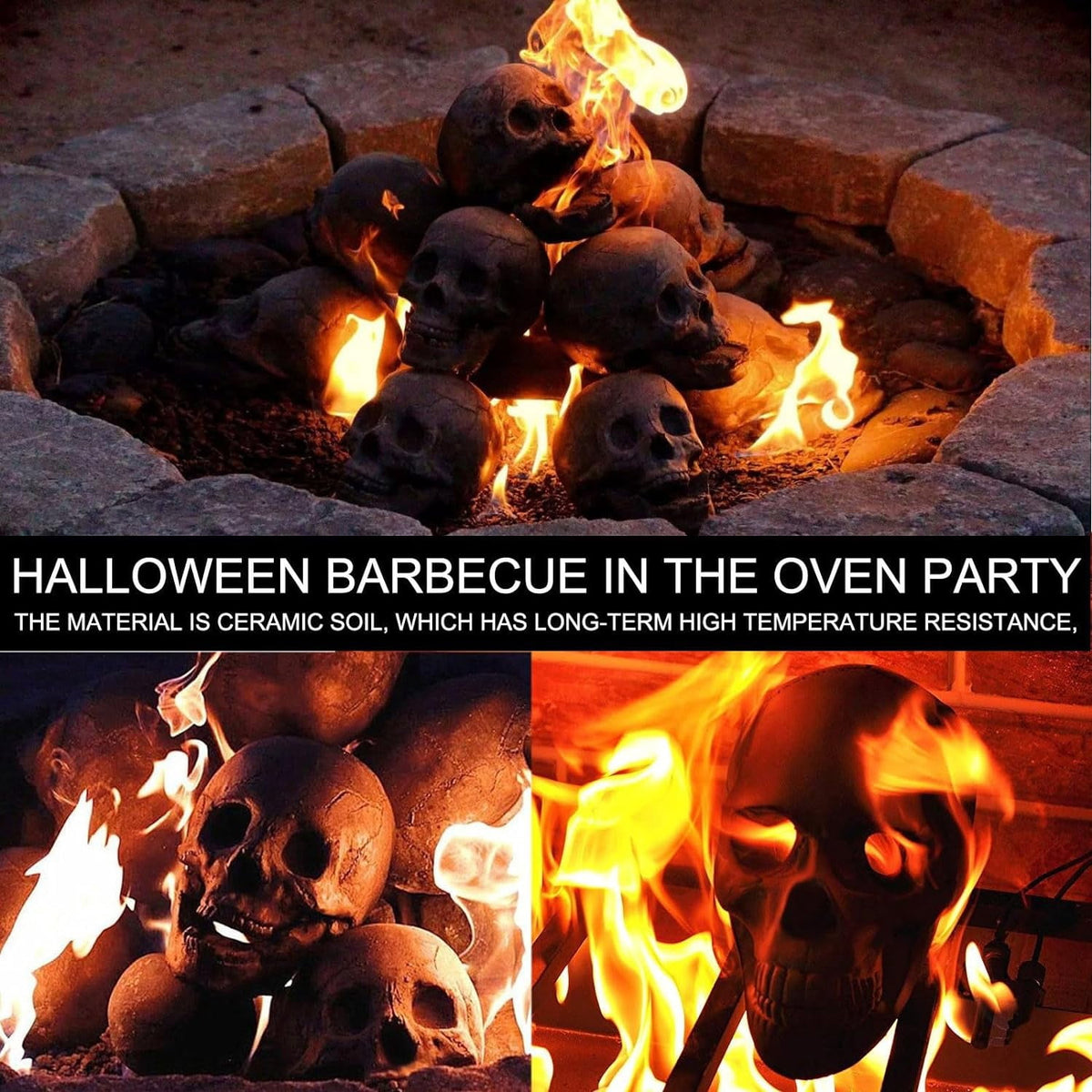 XGFHYJEH Halloween Fire Pit Skull Decoration, Reusable Fireproof Human Skull Gas Log for Indoor Outdoor Fireplaces Bonfire, Ceramic Simulation Halloween Skull Props, Halloween Horror Skulls Decor