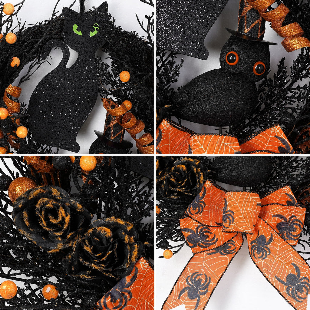 HELLONE Halloween Wreath for Front Door, 22 Inch Halloween Wreath Decoration with Black Cat, Owl, Berries, Bow, Home Decor for Indoor Outdoor Wall Window Fall