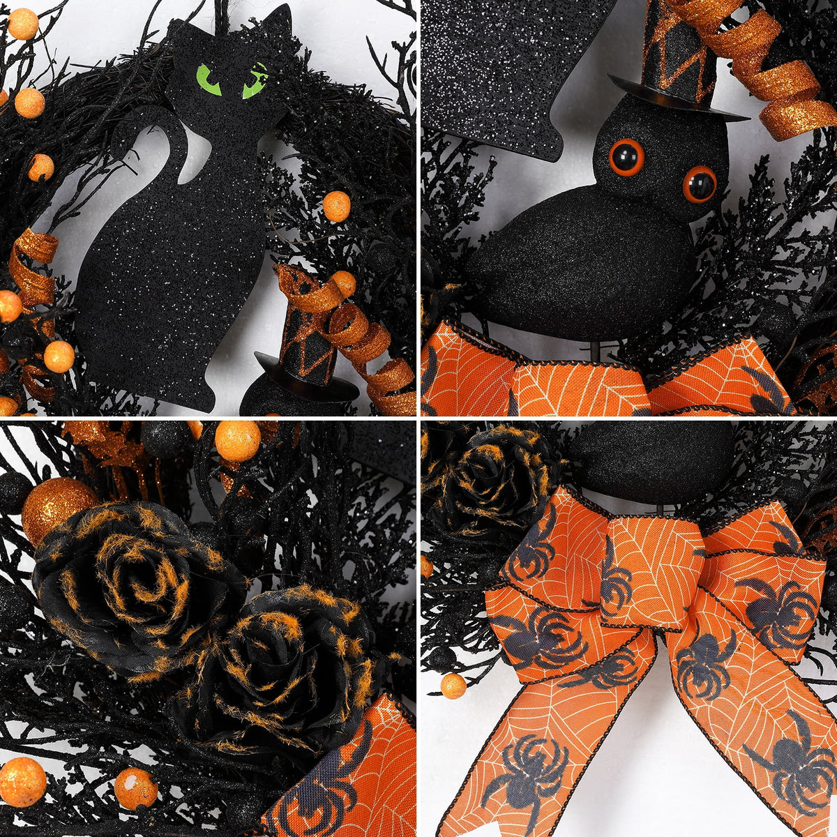 HELLONE Halloween Wreath for Front Door, 22 Inch Halloween Wreath Decoration with Black Cat, Owl, Berries, Bow, Home Decor for Indoor Outdoor Wall Window Fall