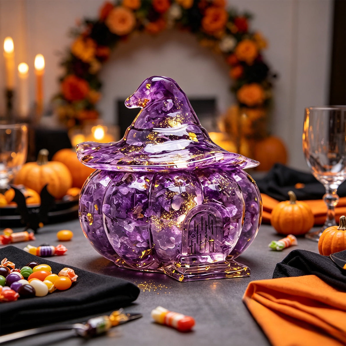 Halloween Pumpkin Candy Bowl with Lid, Decorative Plastic Treat Jar with Crushed Stone Look for Candy Serving and Seasonal Table Display, Reusable Spooky Home Accent, Home Decor, Brown