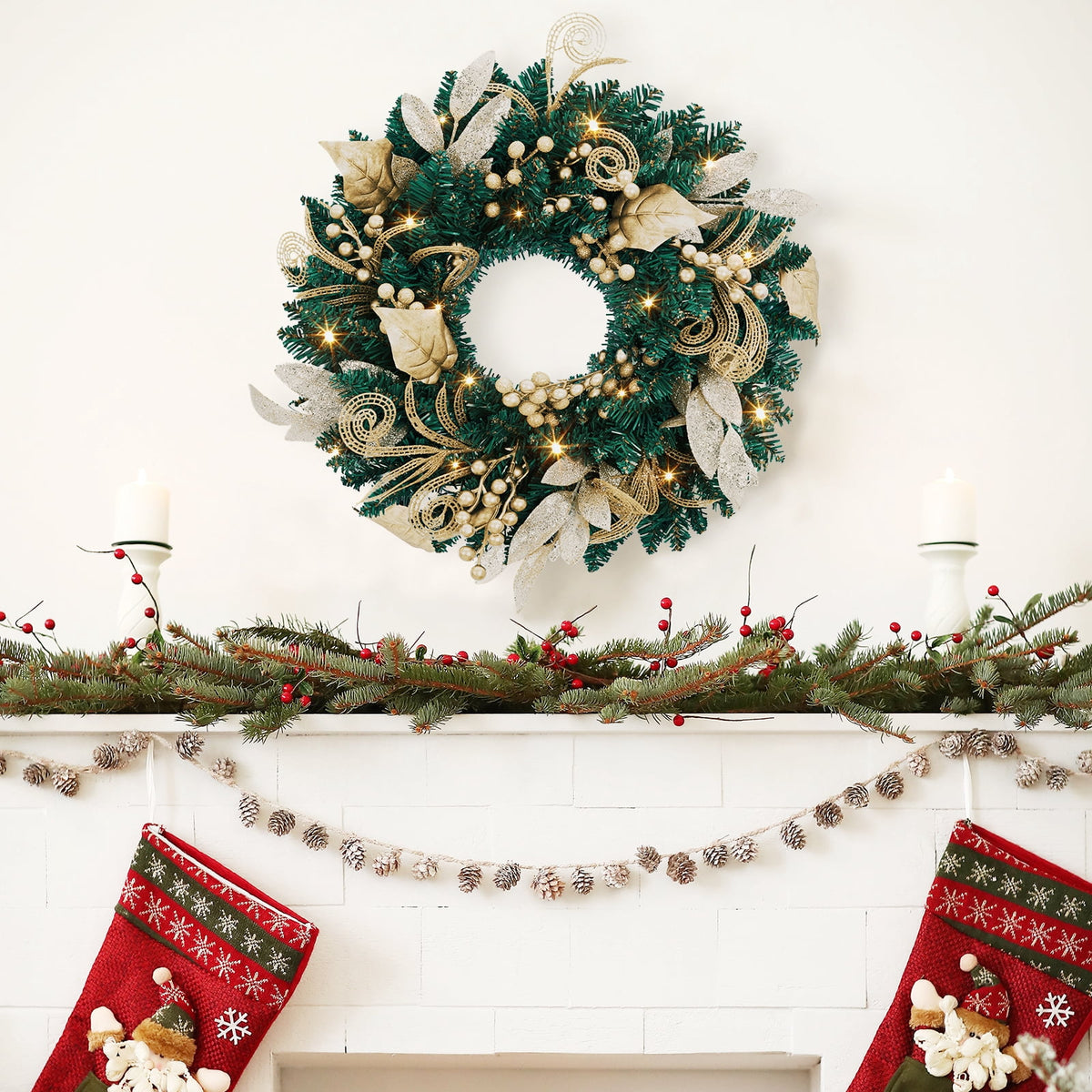 JoanKaren 24 inch Large Christmas Wreath Silver White with 20 LED Lights,Prelit Xmas Wreath w/ Ball Ornaments Pine Cone