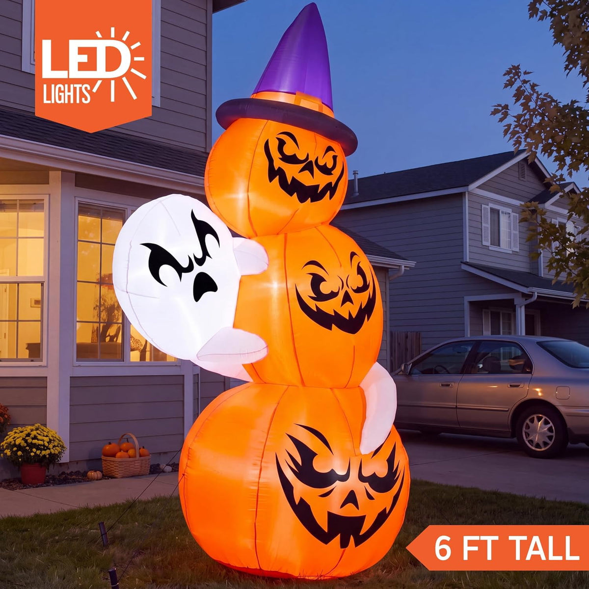 Joyfy 6 FT Halloween Inflatables Stacked Pumpkins with Build-in LEDs for Porch,Halloween Pumpkin Decor Blow up Yard Decorations